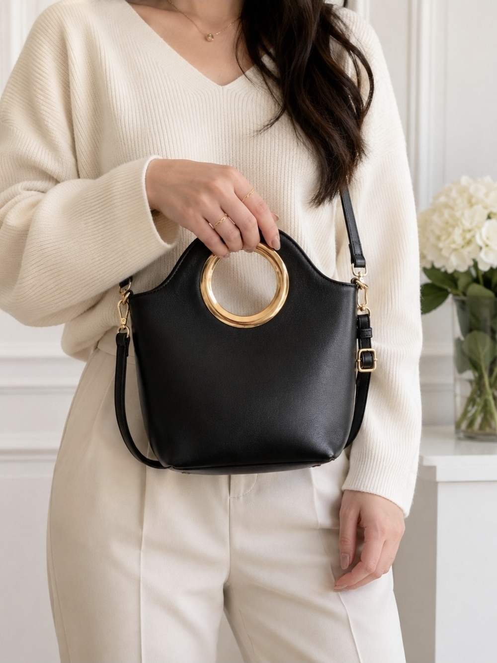 Elegant Black Shoulder Bag with Gold Ring Detail